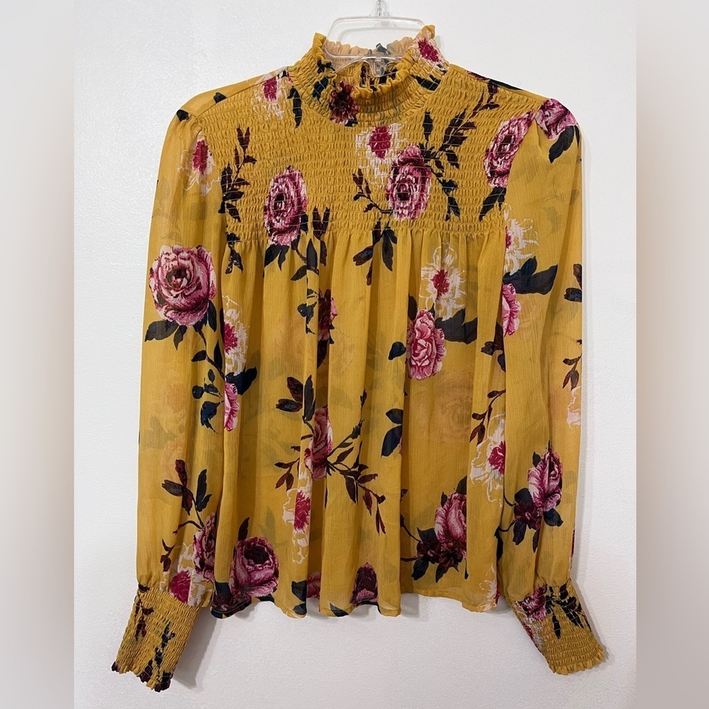 Living Doll Sheer Blouse Top Womans Medium Yellow Floral Long Sleeve‎